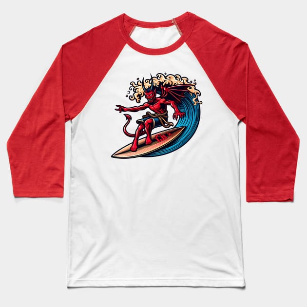 Surfing devil Baseball T-Shirt by Japanese Fever